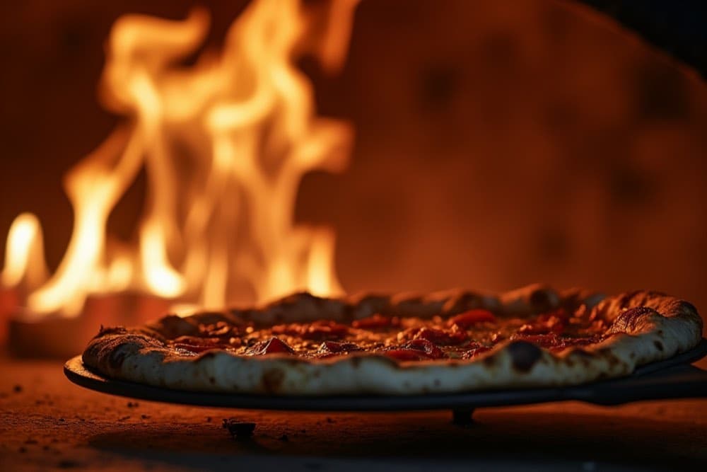 Neapolitan pizza with authentic wood-fired flames in the background